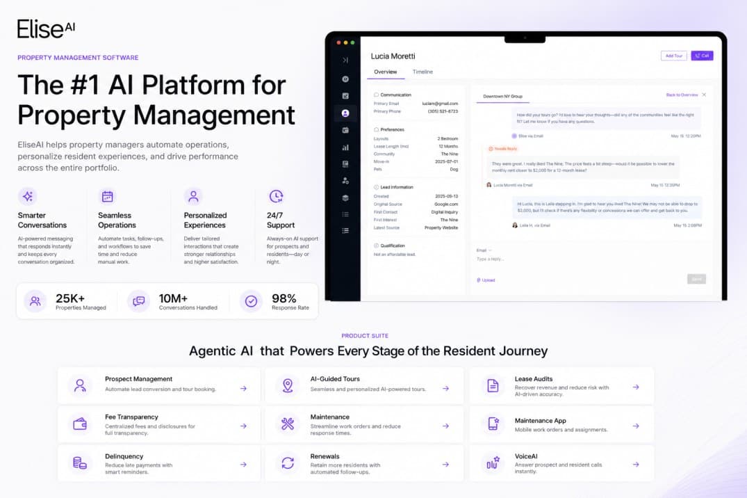 EliseAI product board showing conversation history, resident journey tools, and property-management workflows.